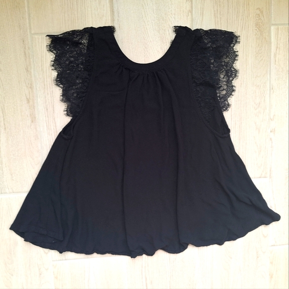 Free People Womens Black V-Neck Lace Trim Top Flowy Style Cap Sleeves - Large - Picture 9 of 11